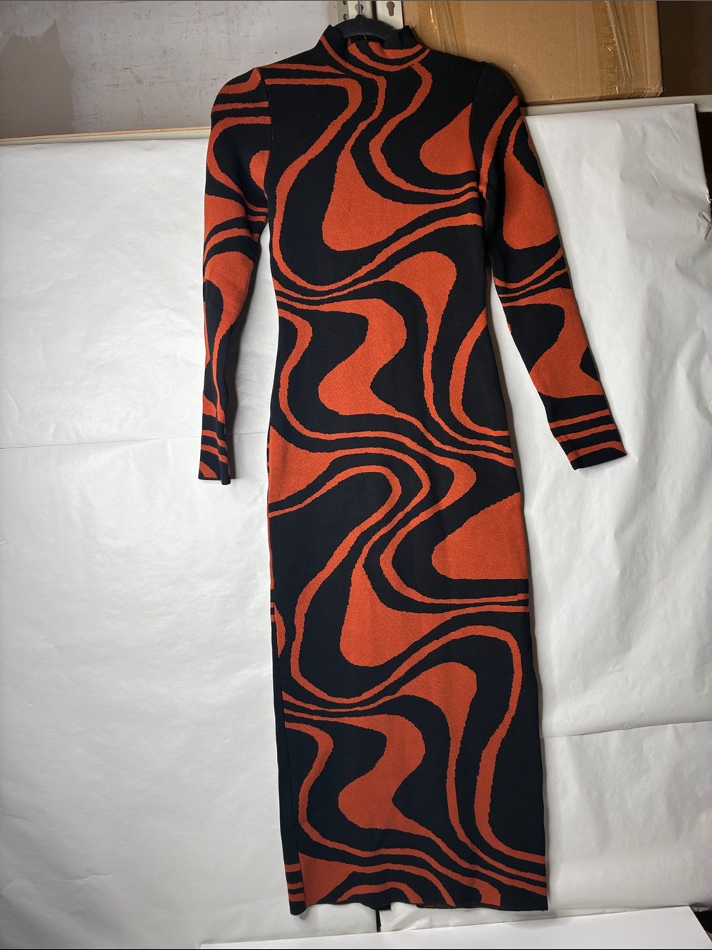 Fashion Nova Black and Rust Wave-Print Maxi Dress